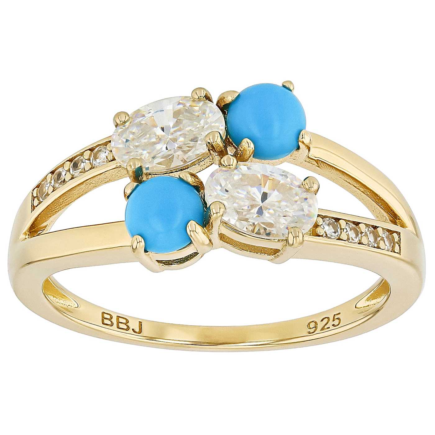 Diamond Simulant, Turquoise And White Zircon Ring In 18K Gold Over Sterling Silver
