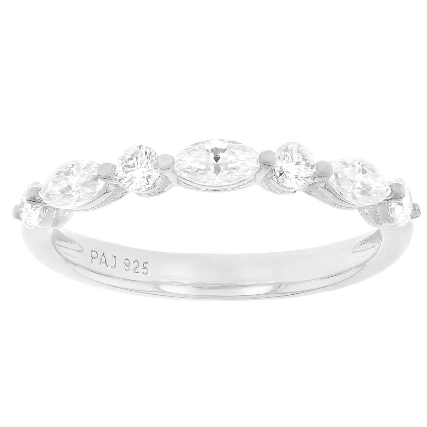 Marquise And Round Moissanite Band Ring In Platinum-Enhanced Sterling Silver